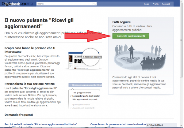 ricevi gli aggiornamenti facebook